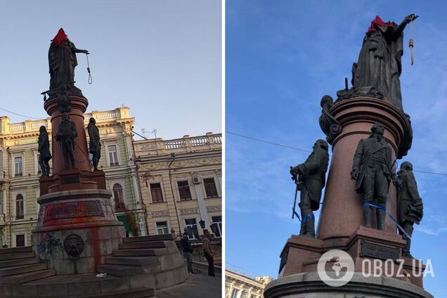 На голове красный колпак, а в руках веревка: в Одессе неизвестные 'украсили' памятник Екатерине II. Фото и видео