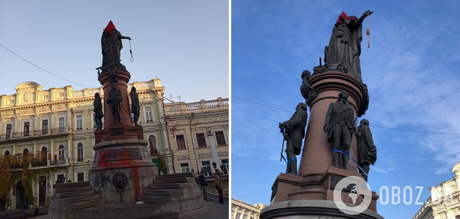 На голове красный колпак, а в руках веревка: в Одессе неизвестные  'украсили' памятник Екатерине II. Фото и видео