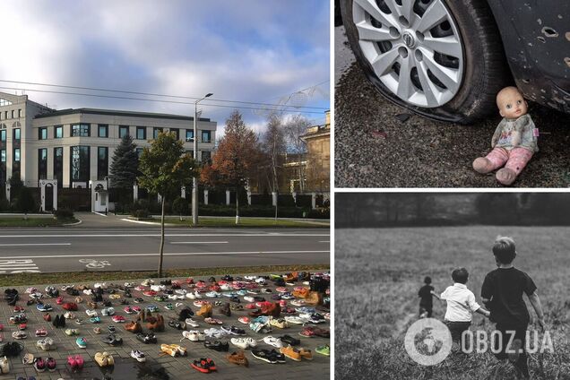 В Кишиневе к посольству РФ принесли десятки пар обуви в память об убитых оккупантами детях в Украине. Видео