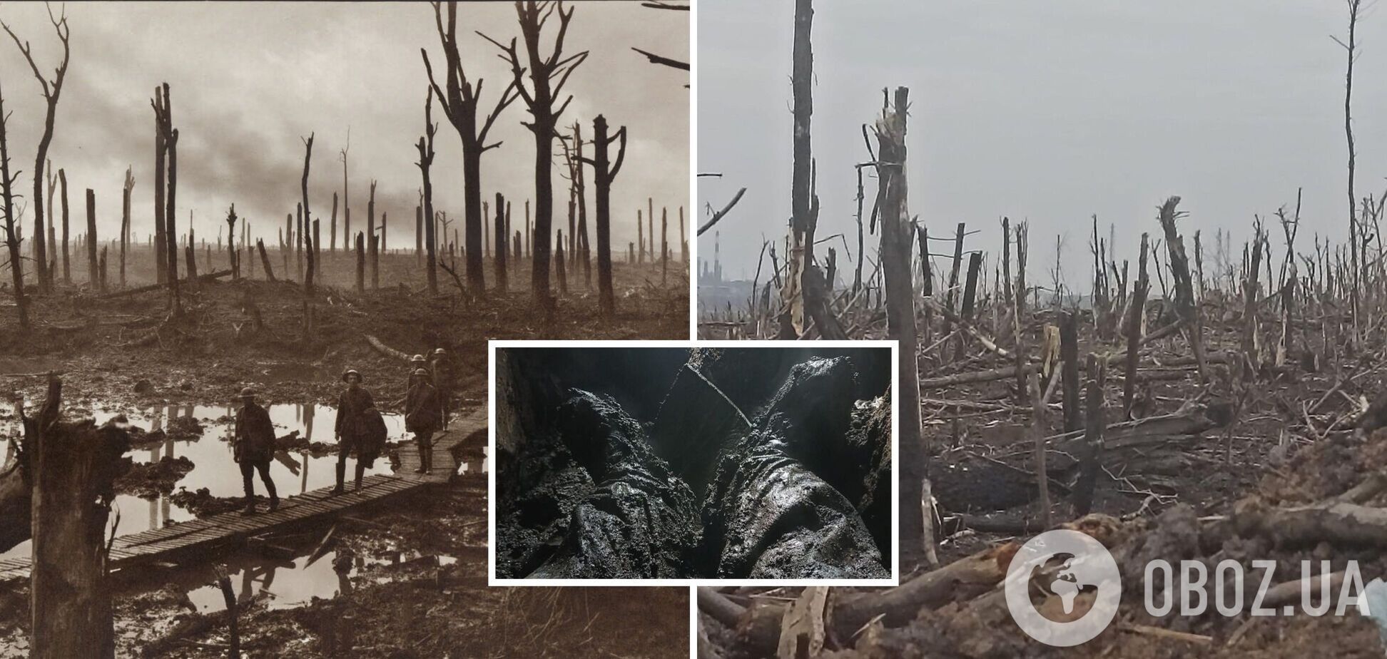 Випалена земля і пів метра води в окопах: у мережі показали свіжі фото з Бахмута і світлини часів Першої світової війни