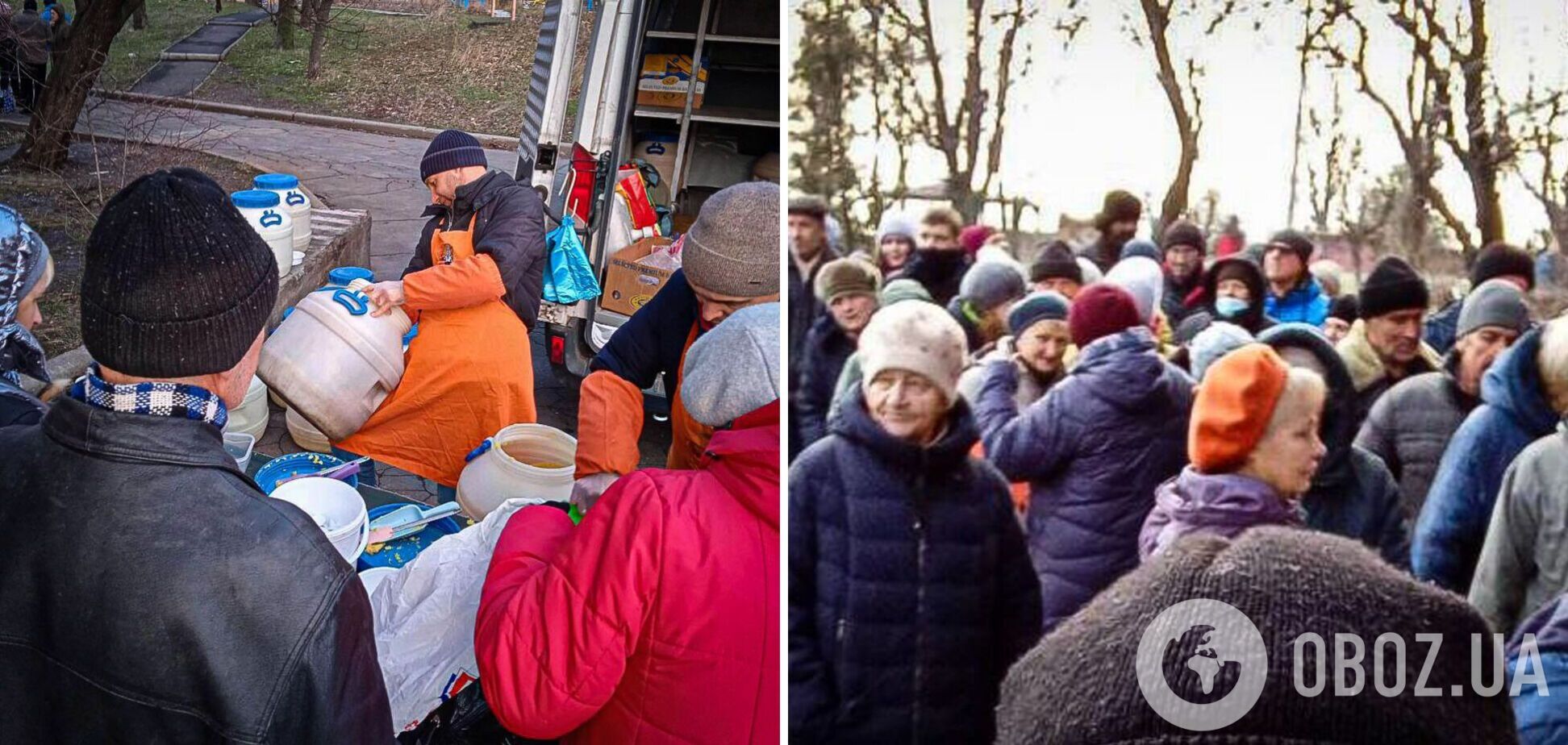 'Мёрзнут часами, чтобы получить еду': в Мариуполе сотни людей стоят в очередях за кашей и хлебом. Фото