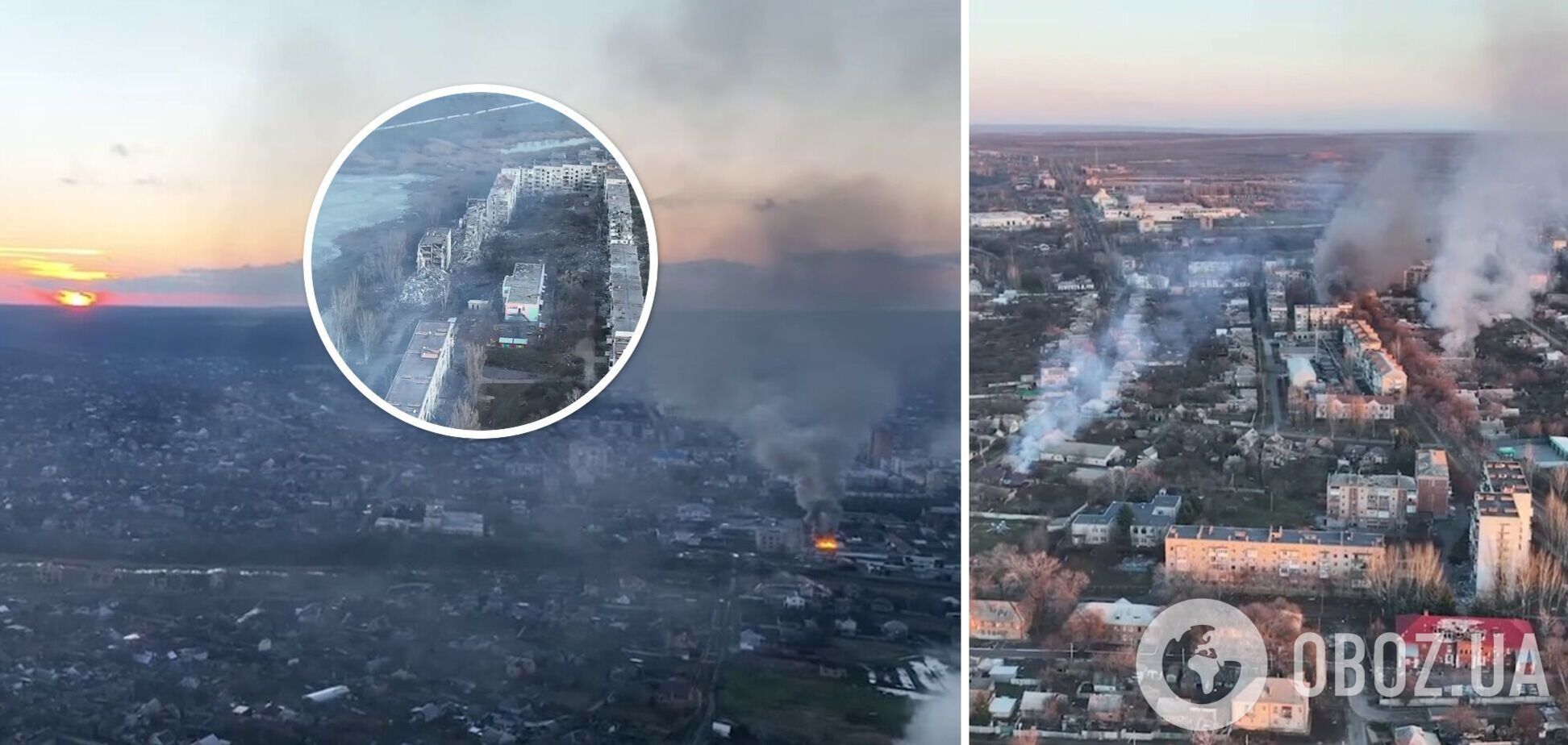 Над містом піднімається дим, видно полум’я: у мережі показали, як виглядає Бахмут під час обстрілів. Відео з висоти 
