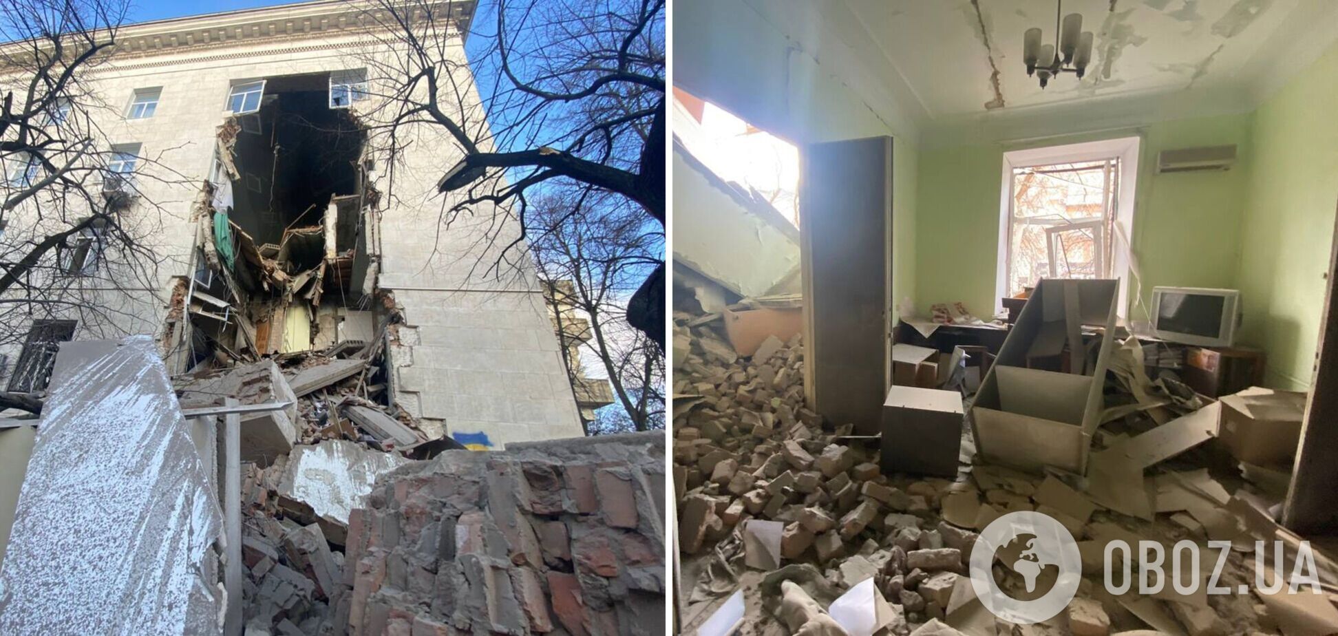 Окупанти знову завдали удару по центру Херсона: є загиблий, пошкоджено будівлю ОВА. Фото і відео 