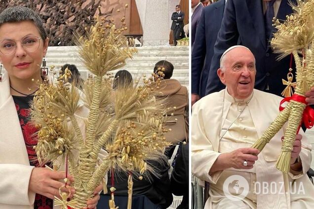 Співачка Оксана Муха зустрілася з Папою Римським: виконала коляду та вручила різдвяний дідух. Фото