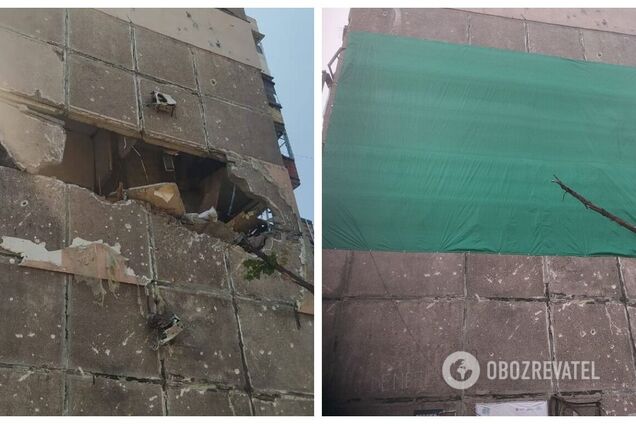 Закрили стіну куском брезенту: у мережі показали, як виглядає ремонт від окупантів у Маріуполі. Фото