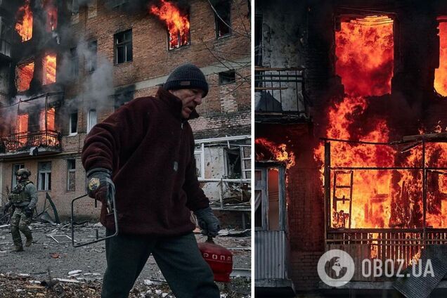 Шестой прилет в подъезд за неделю: появились фото охваченной огнем многоэтажки в Бахмуте, сделанные прямо во время обстрела