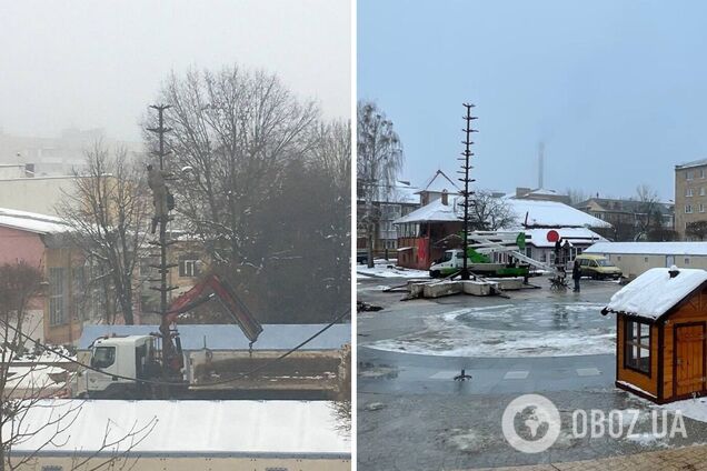 Елку монтируют на одной из улиц Бучи