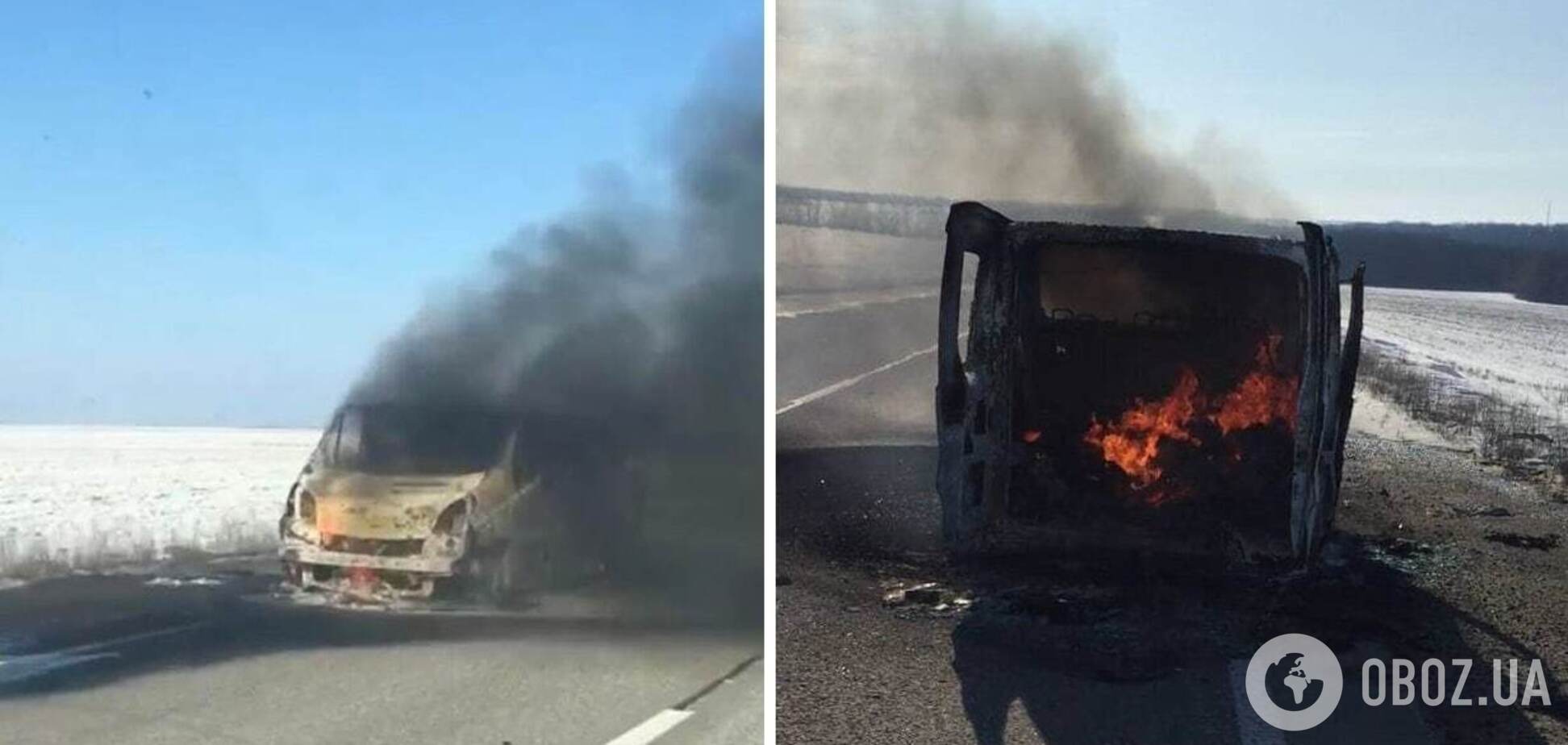 Российские оккупанты в Изюме на Харьковщине обстреляли микроавтобус, он загорелся. Фото