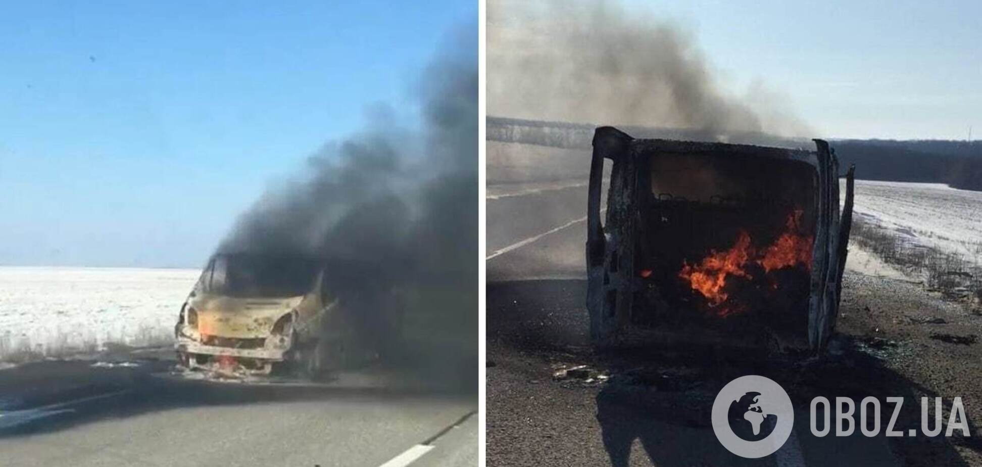 Российские оккупанты в Изюме на Харьковщине обстреляли микроавтобус, он загорелся. Фото