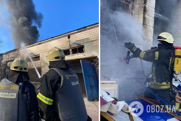 В Киеве из-за вражеского обстрела загорелись два здания и грузовик. Фото и видео