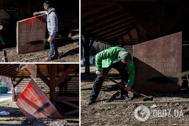 В Ужгороде активисты снесли монумент к '300-летию воссоединения' Украины с Россией. Фото