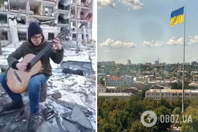 У Харкові учень школи зіграв на гітарі на фоні розбомбленої окупантами будівлі. Відео