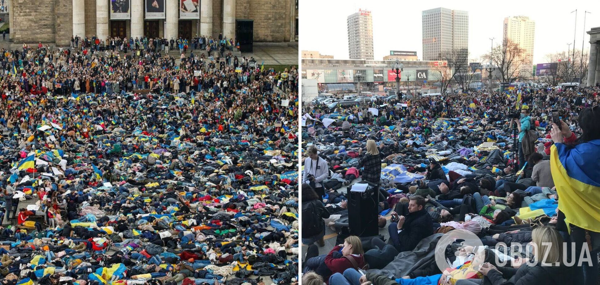 У Варшаві тисячі людей вийшли на акцію на підтримку України: люди лягли на землю на згадку про жертв окупантів. Фото та відео