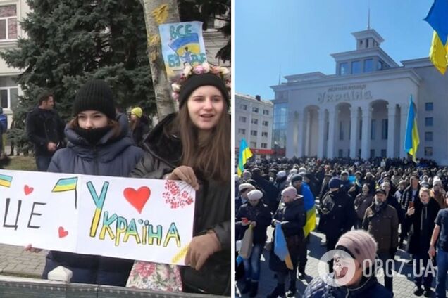 На Херсонщине люди с флагами Украины вышли на митинг против оккупантов: те начали бросать дымовые шашки