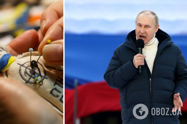 Майстриня з Ужгорода шиє підвішені на прапор України ляльки вуду 'Путін', які приносять гроші ЗСУ. Фото