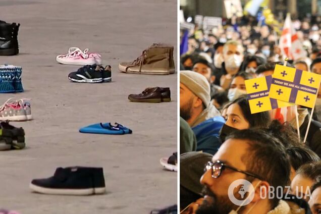 У Тбілісі біля парламенту виставили 145 пар дитячого взуття на згадку про жертв РФ в Україні. Відео