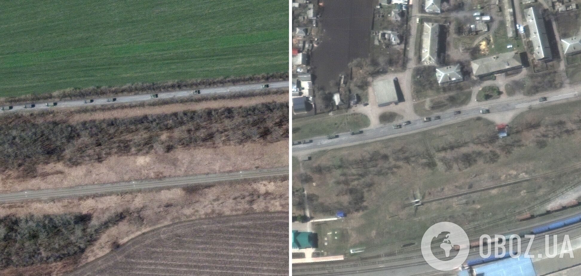 Maxar показала спутниковые фото 12-километровой колонны военной техники, которая движется к Харькову