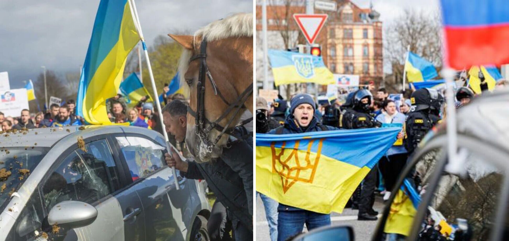 В Германии участников автопробега в поддержку России забросали лошадиными фекалиями. Фото