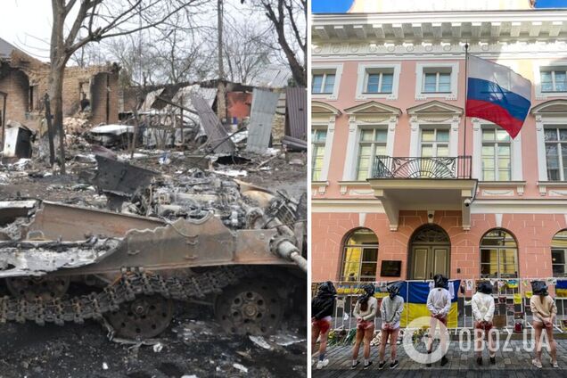 В Эстонии женщины с пакетами на голове протестовали у посольства РФ против изнасилований украинок оккупантами. Фото