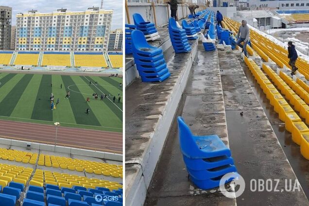 Боятся всего украинского: в России на стадионе демонтируют желто-синие трибуны. Фотофакт
