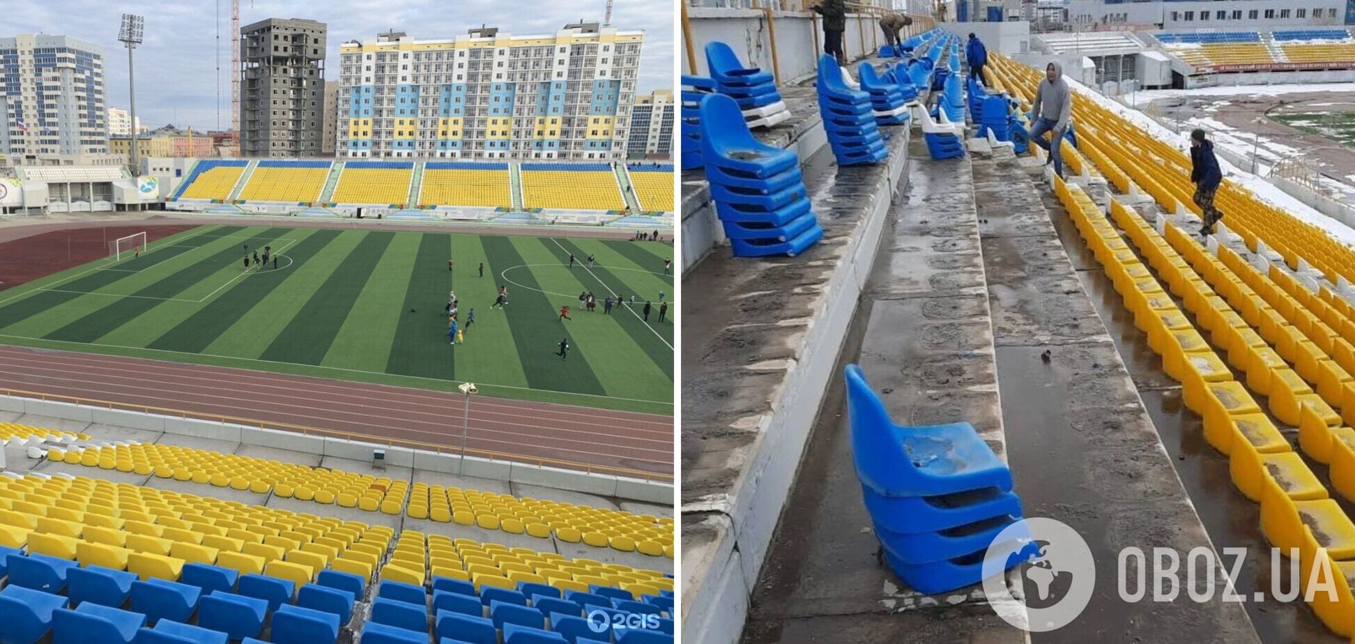 Боятся всего украинского: в России на стадионе демонтируют желто-синие трибуны. Фотофакт