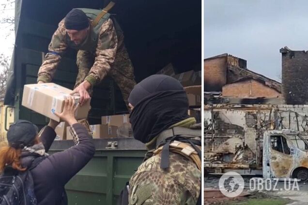 Бойцы терробороны из Киева привезли людям в освобожденную Бучу продукты питания