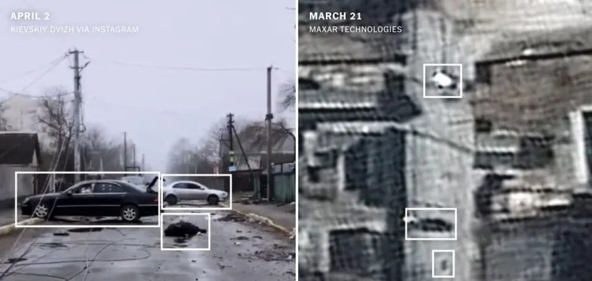 Супутникові знімки Бучі розвінчали фейк Росії: тіла лежали на вулицях ще з середини березня