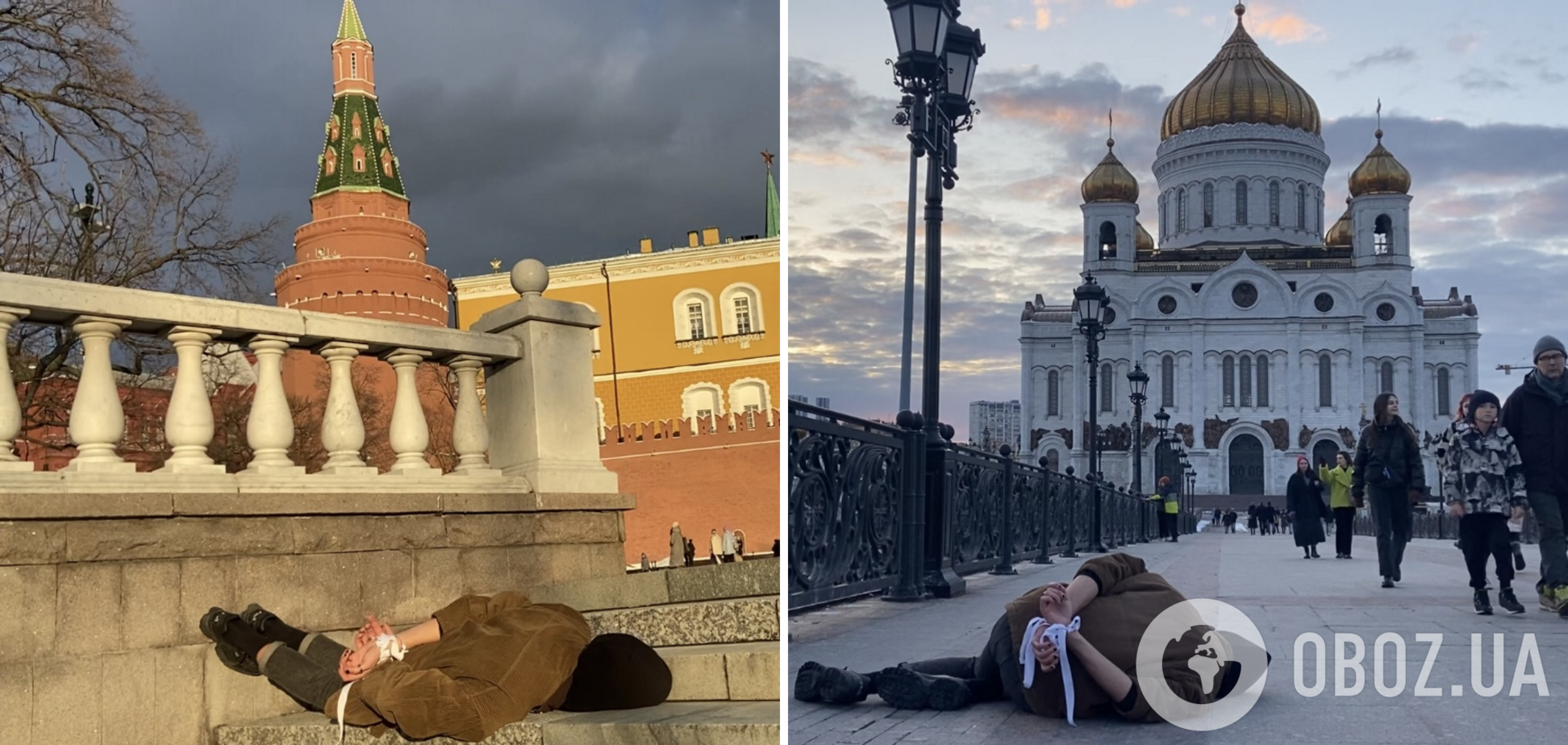 В Москве человек с завязанными руками и мешком на голове устроил одиночную акцию, чтобы донести правду о зверствах в Буче. Фото