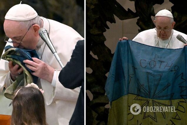 Папа Римський засудив звірства російських окупантів у Бучі та поцілував український прапор. Фото