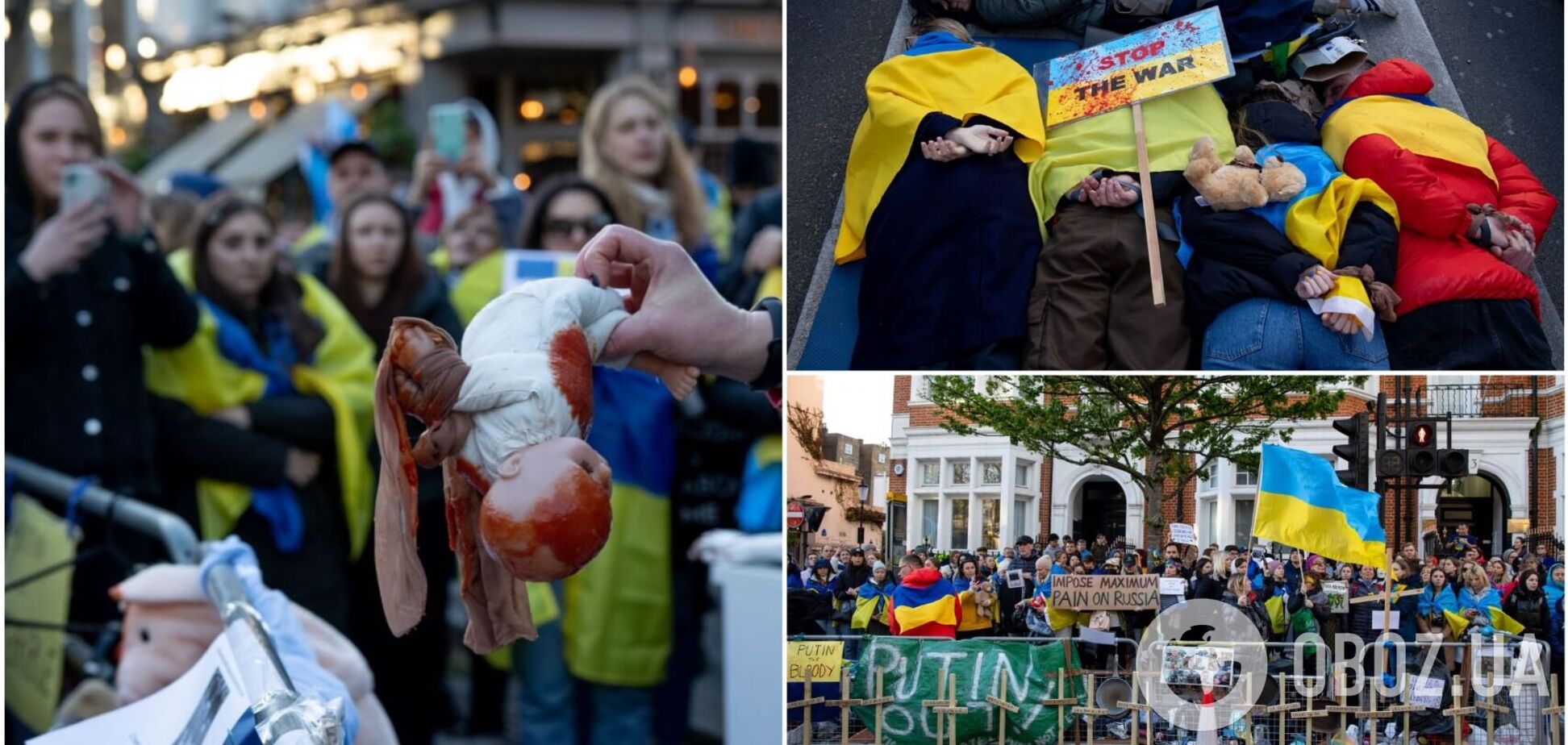У Лондоні принесли до посольства Росії 'криваві трофеї': люди зі зв'язаними руками лягли на дорозі. Фото