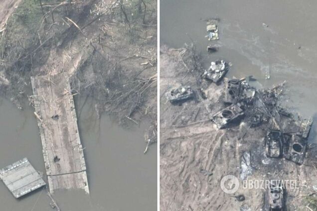 Появились кадры уничтожения переправы в Белогоровке, где оккупанты оставили более 80 единиц техники