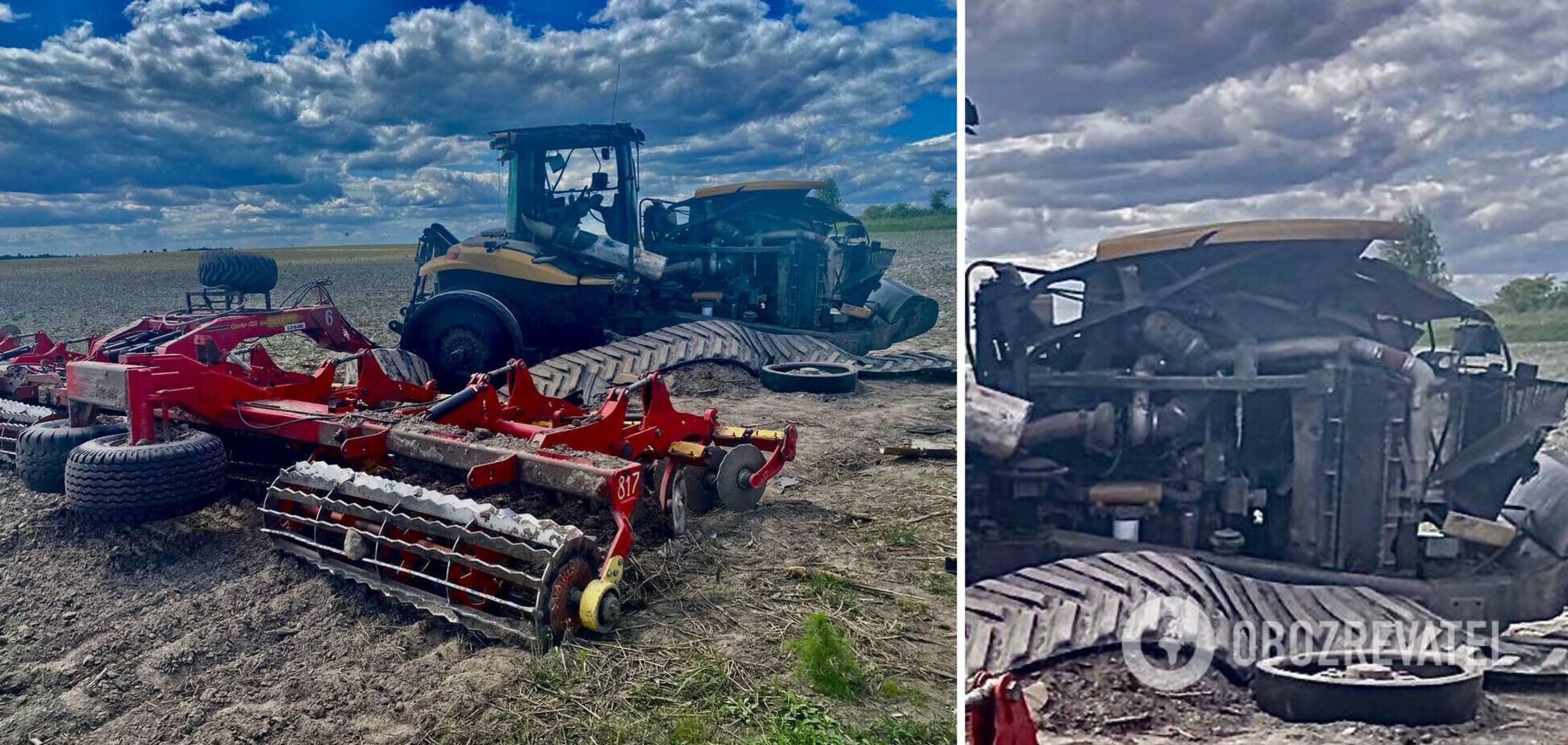 Трактор наехал на противотанковую мину оккупантов
