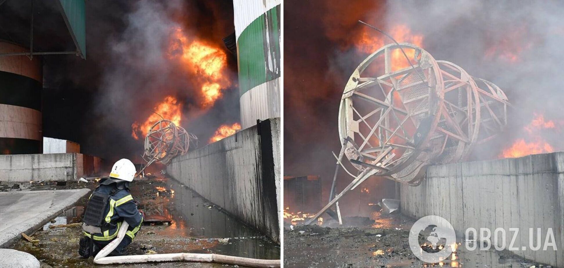 'Демілітаризували' резервуар з олією: рятувальники продовжують гасити пожежу на місці ударів РФ у Миколаєві. Фото