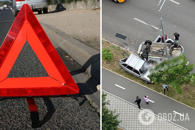 После столкновения с легковушкой такси перевернулось