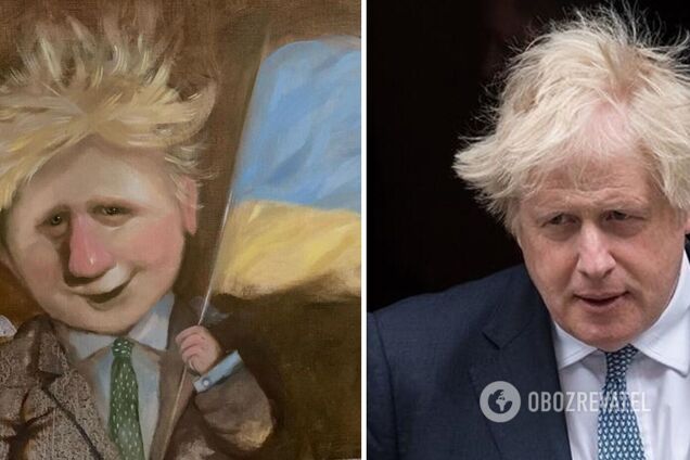 С флагом Украины в руках. Художница Гапчинская изобразила Бориса Джонсона ангелом