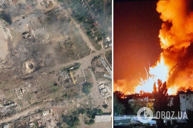 После удара ВСУ по складам оккупантов в Новой Каховке образовалась большая воронка. Спутниковое фото