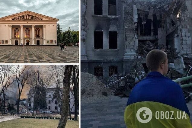 Місцевий житель у Маріуполі вийшов до зруйнованого Драмтеатру з прапором України