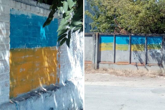В окупованому Бериславі невідомі патріоти розмалювали стіни міста у кольори державного прапора України