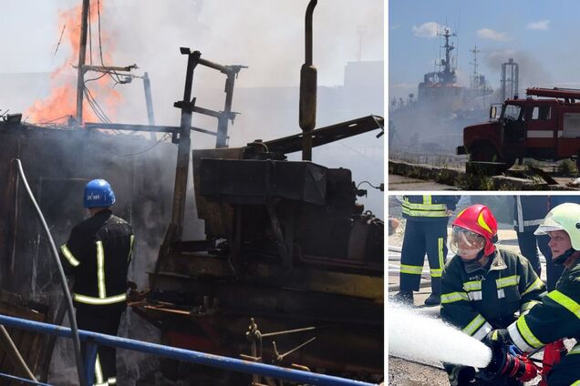 Українські рятувальники гасять пожежу в Одеському порту після російського обстрілу