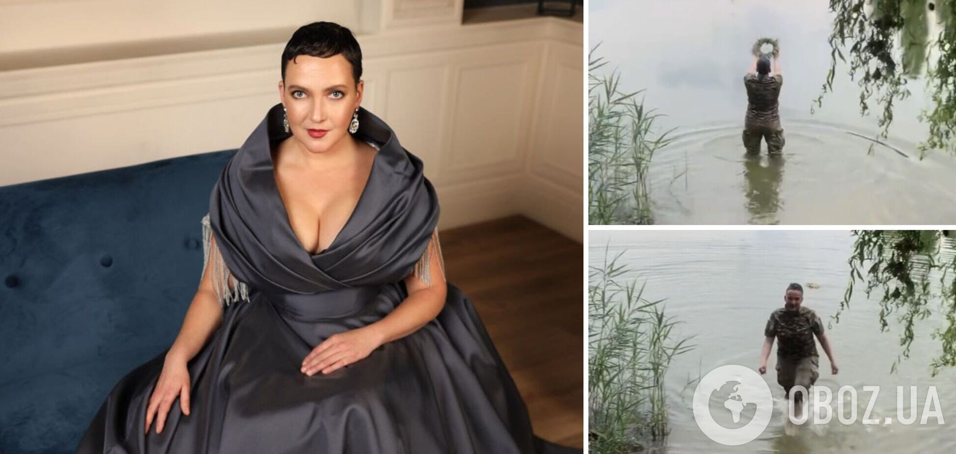 Савченко в военной форме забралась в реку и пустила по воде венок. Он не поплыл