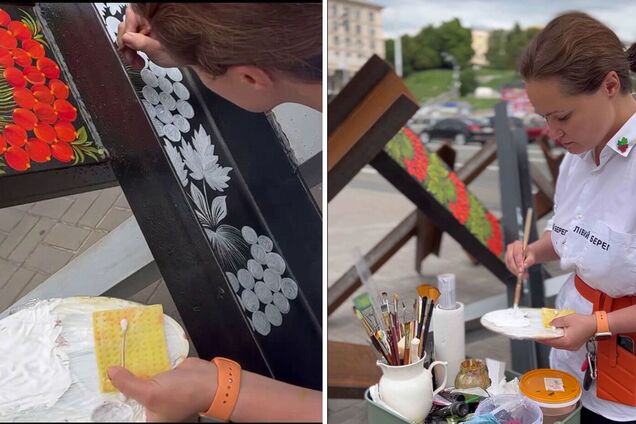Жінка розмальовує їжаки українським орнаментом.
