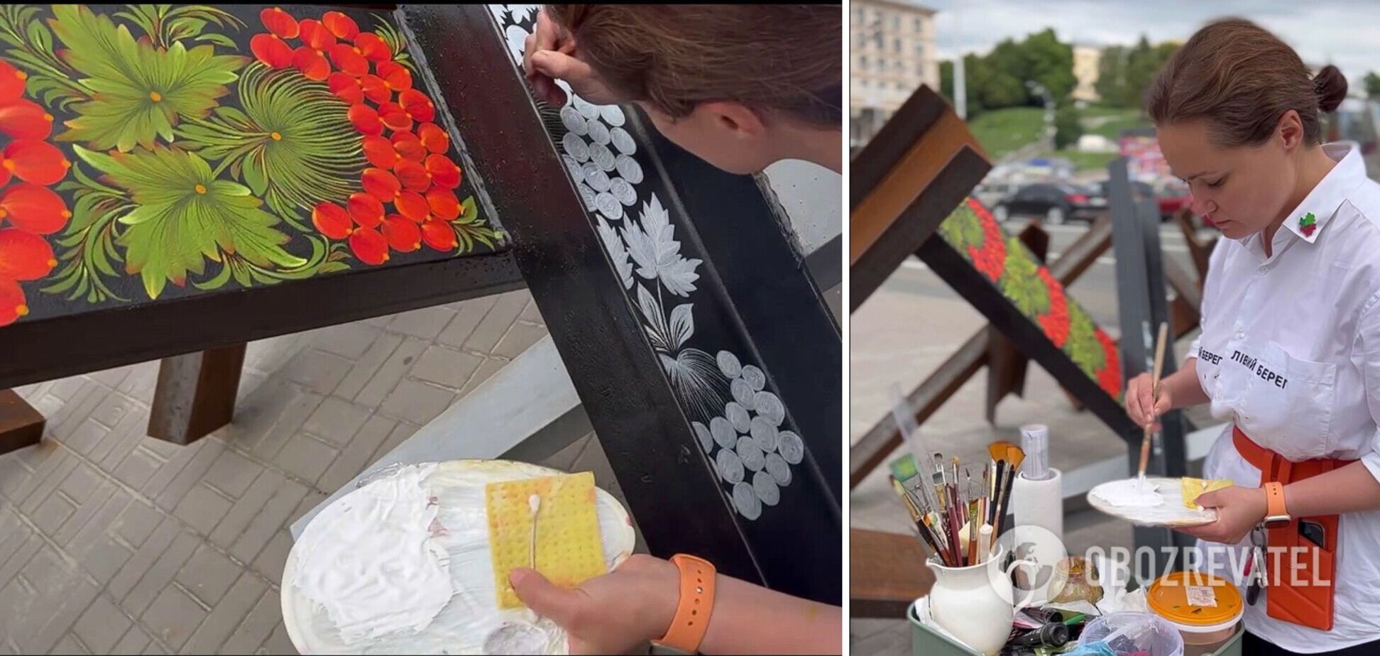 Жінка розмальовує їжаки українським орнаментом.