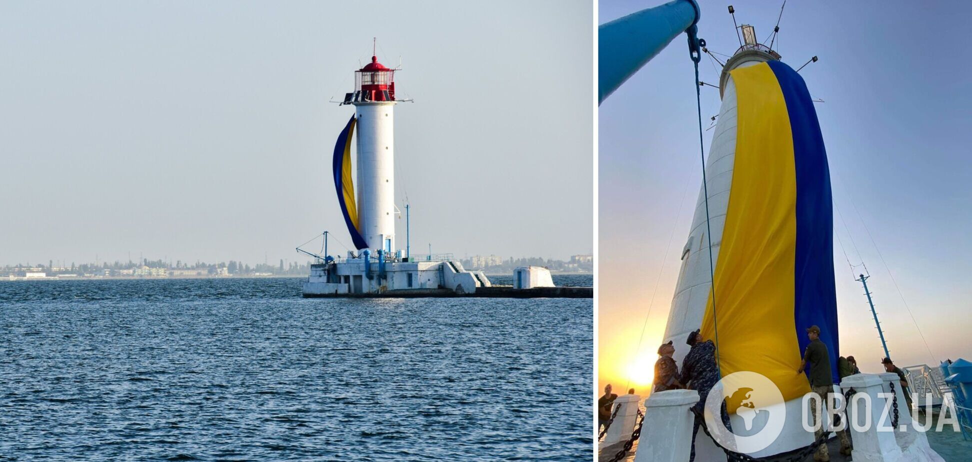 'Стал символом борьбы и несломленности': в Одессе на главном маяке страны развернули 18-метровый флаг Украины. Фото