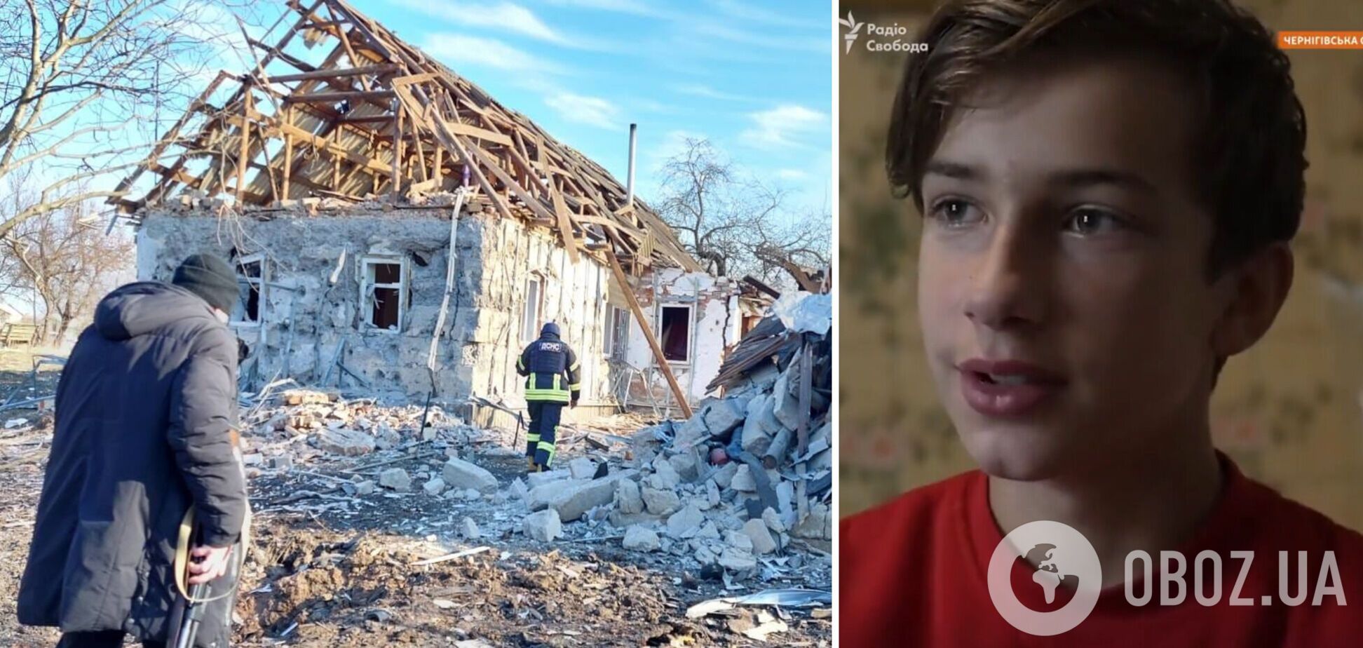 В Черниговской области 12-летний мальчик разбирает завалы своего дома, уничтоженного ударом РФ. Видео