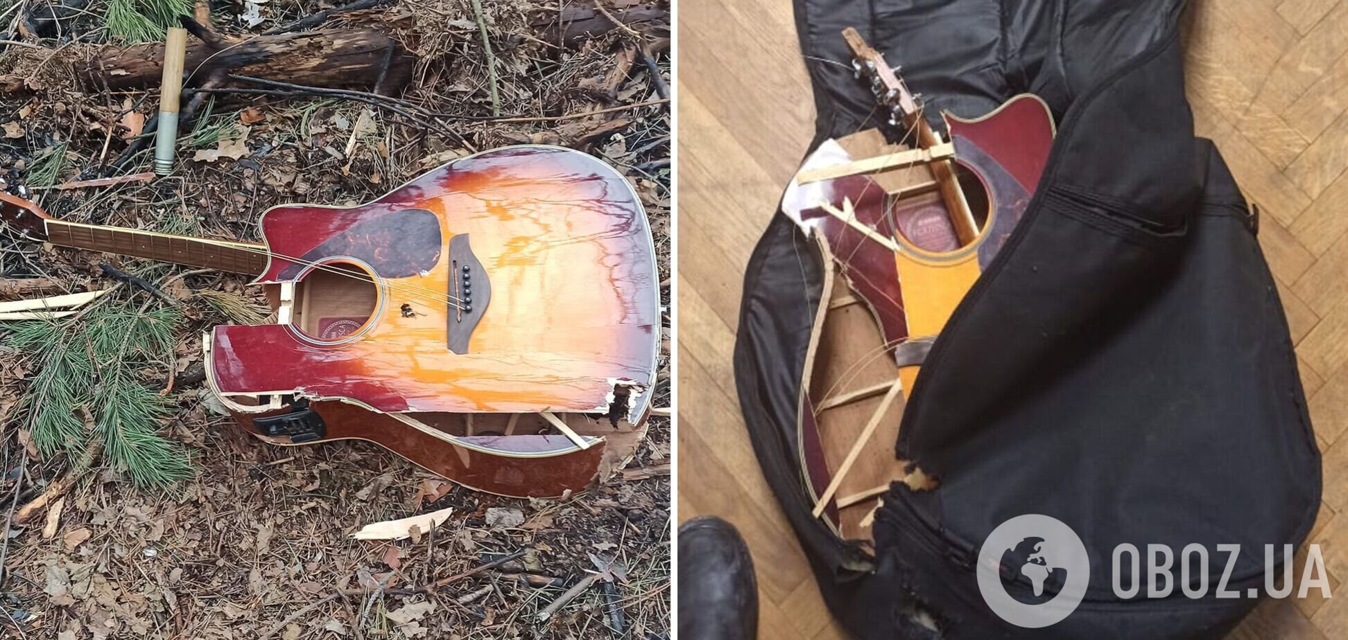 На брошенных оккупантами позициях в Киевской области нашли разбитую гитару с уникальным номером