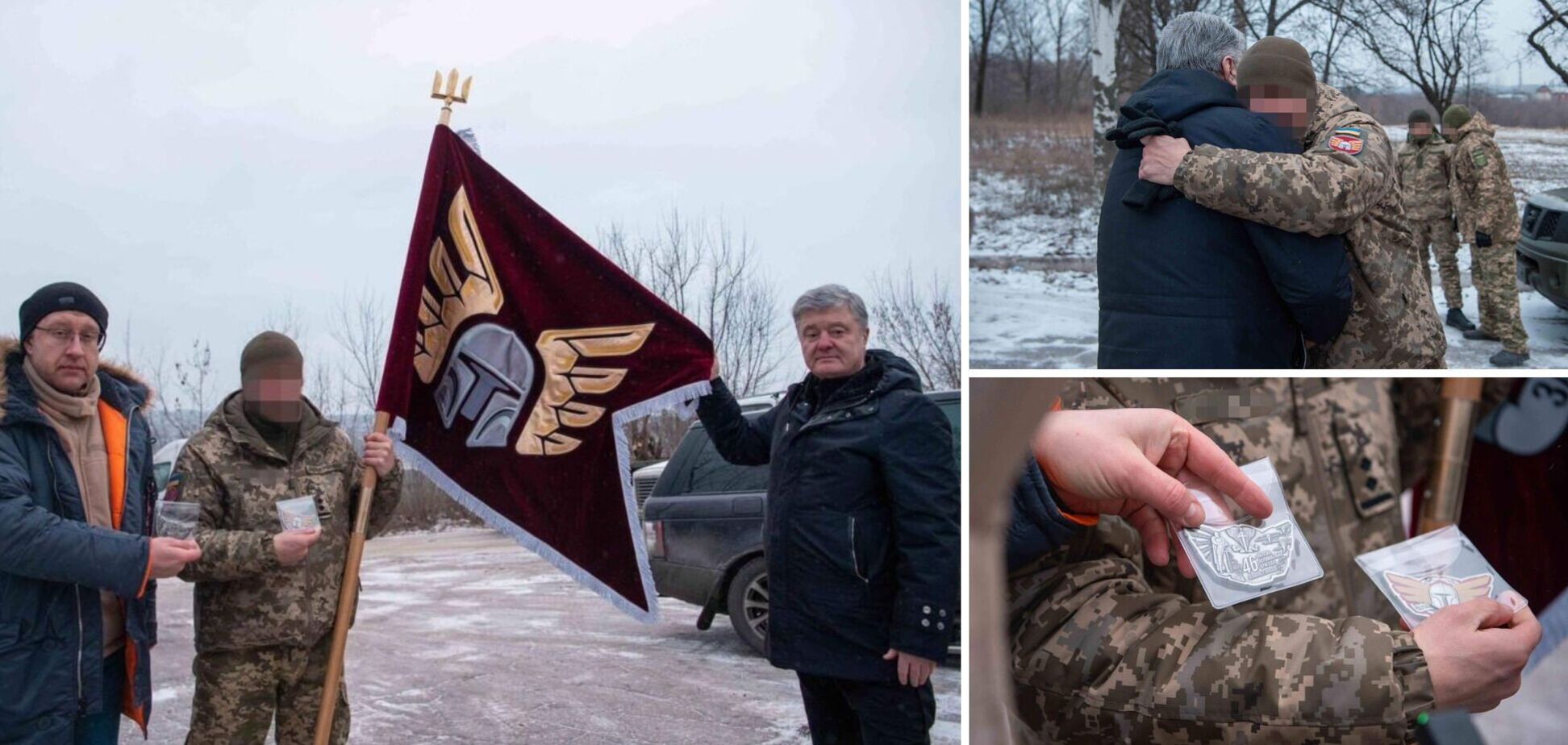 'Эти мужественные ребята умножают на ноль 'вторую армию мира': Порошенко привез 46-й бригаде, воюющей в Соледаре, почетный флаг и коины