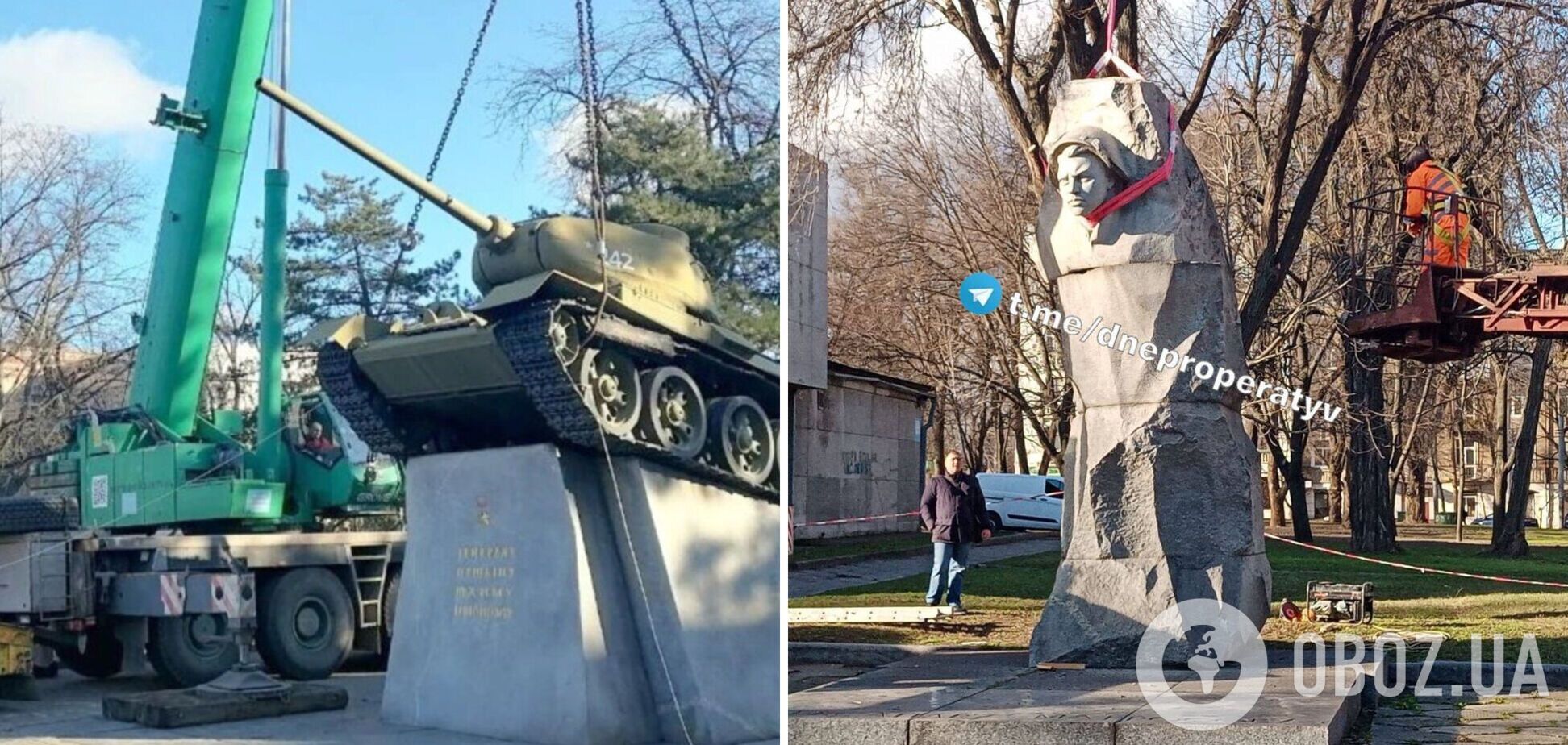 Декомунізація триває: у Дніпрі демонтували радянські пам’ятники Юхимові Пушкіну і Олександру Матросову. Фото