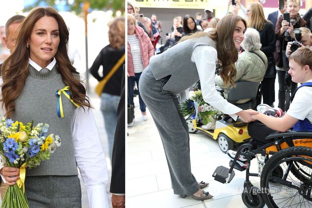 С сине-желтым букетом и самодельной патриотической лентой: Кейт Миддлтон встретилась с украинскими беженцами в Англии