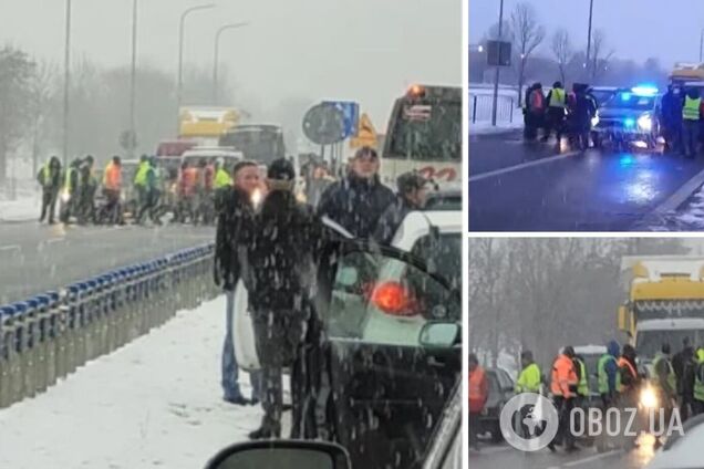 В знак протеста против блокирования границы украинские водители перекрыли дорогу в Польше. Фото и видео