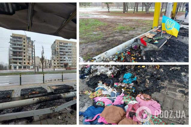 У Дніпрі невідомі спалили 'народний меморіал' на зупинці навпроти будинку, зруйнованого російською ракетою. Фото